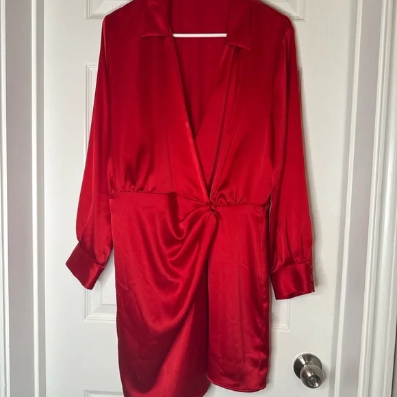zara red satin mini dress Zara Red Satin Finish Mini Dress With Draped Detail Size S NWT. **read